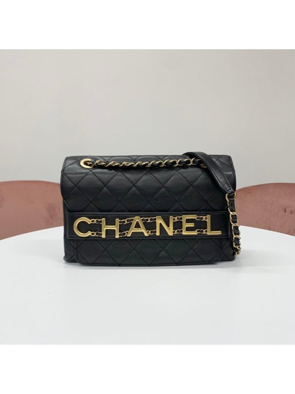 Chanel Quilted Logo Lambskin Double Chain Shoulder Bag